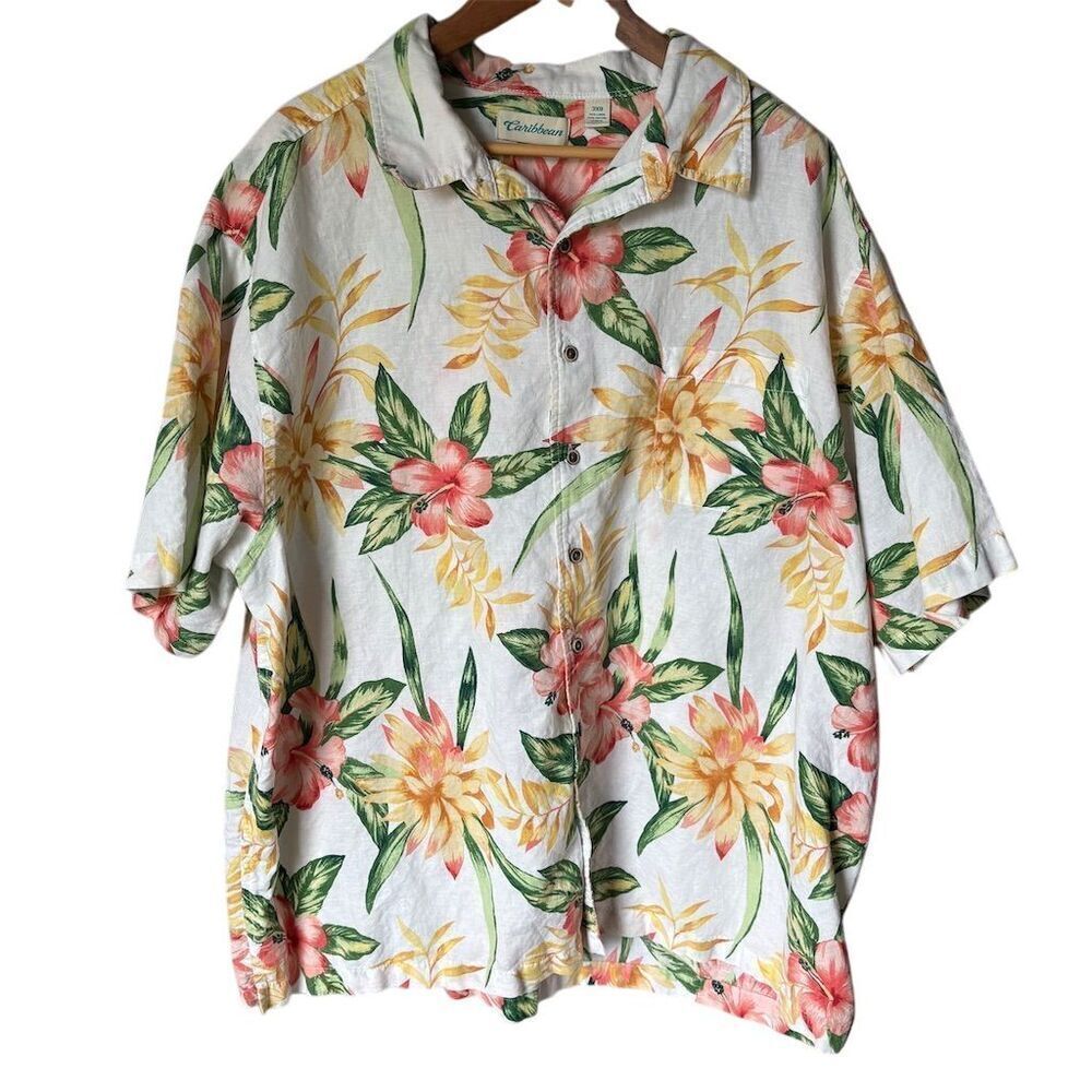 Caribbean Men's 3XB Hawaiian Floral Button-Up Shirt Multicolor Linen Blend